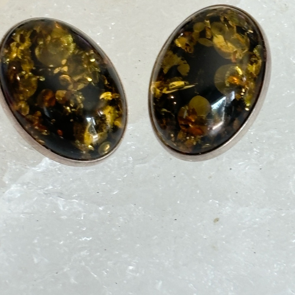 Silver 925 Green Baltic Amber clipper earrings